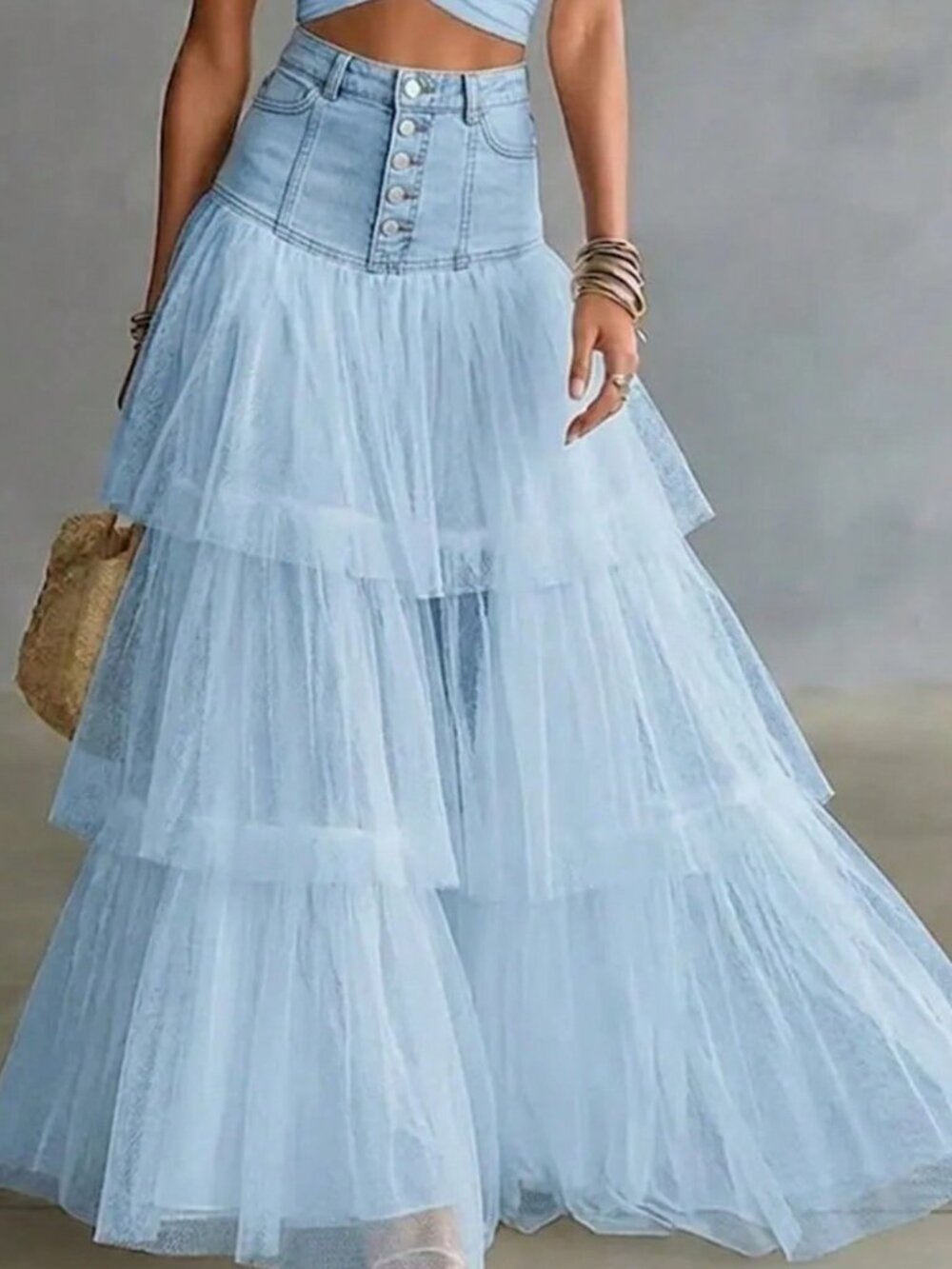 Blue Casual Women's Flowing A-Line Tiered Maxi Skirt - Picture 1 of 2